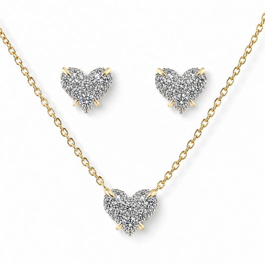 HEART PENDANT NECKLACE AND EARRING SET – Gold Simulated Diamond Jewelry Set