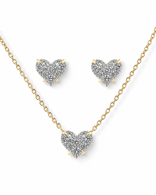 HEART PENDANT NECKLACE AND EARRING SET – Gold Simulated Diamond Jewelry Set