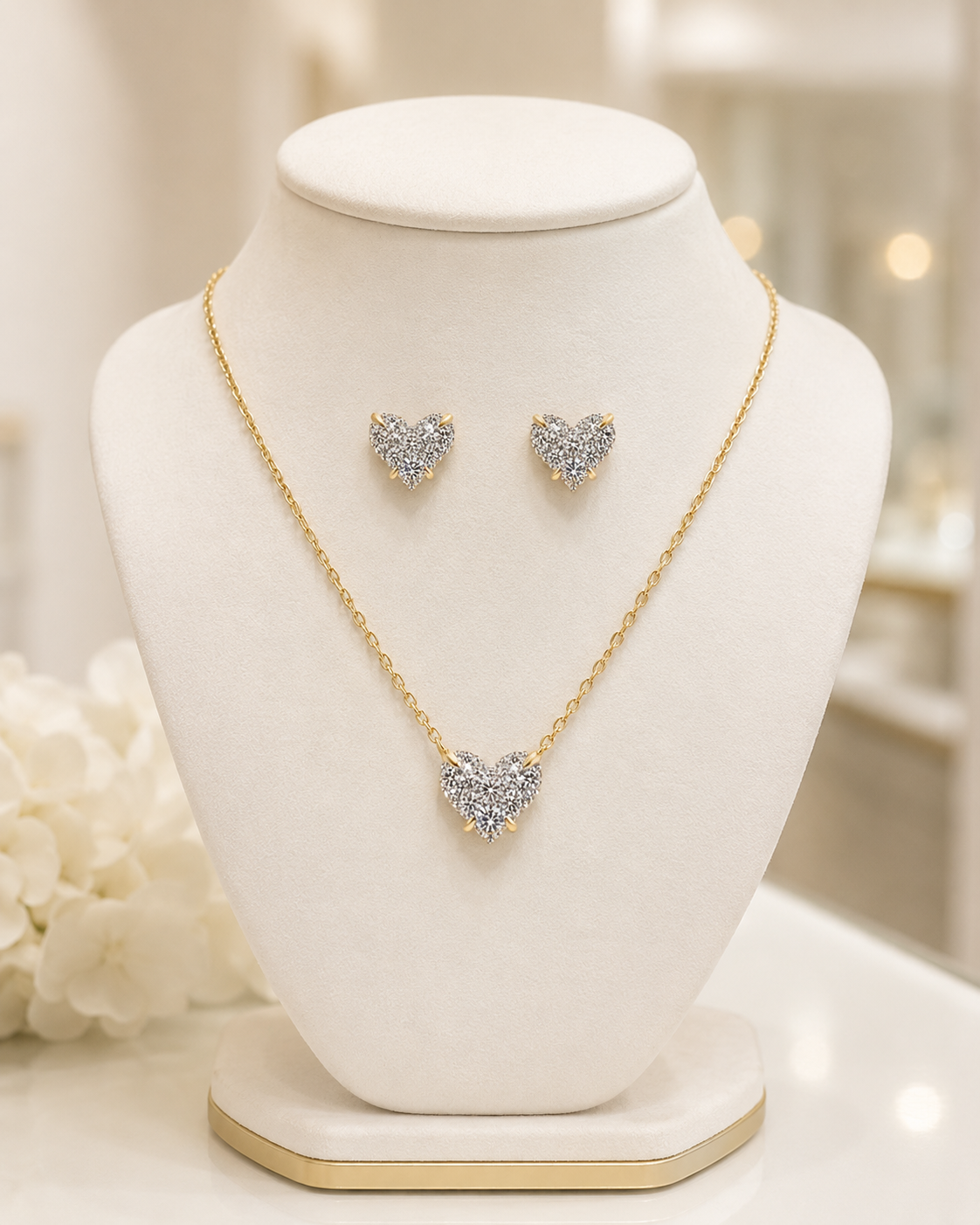 HEART PENDANT NECKLACE AND EARRING SET – Gold Simulated Diamond Jewelry Set