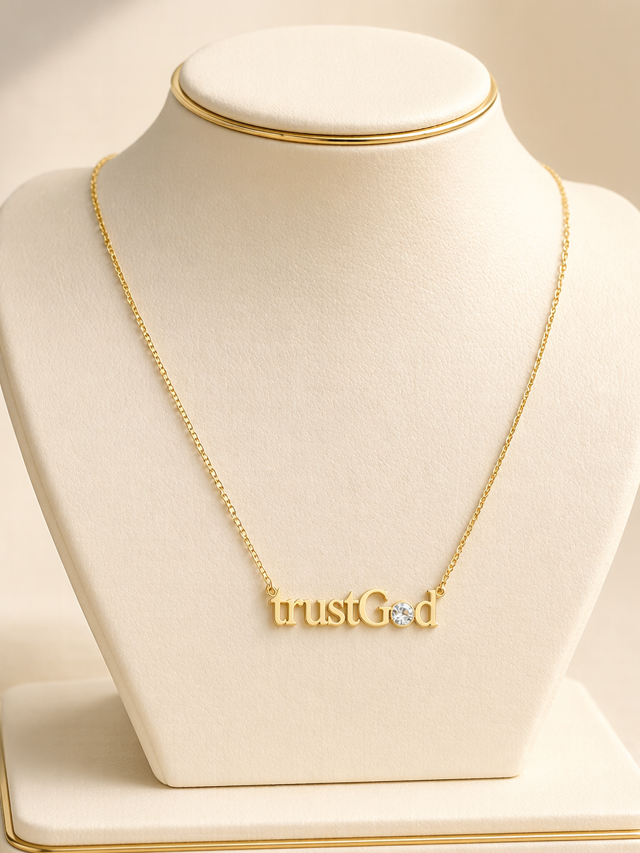 LUMIÈRE “trustGod” CRYSTAL NAME NECKLACE | Faith-Inspired Gold Necklace