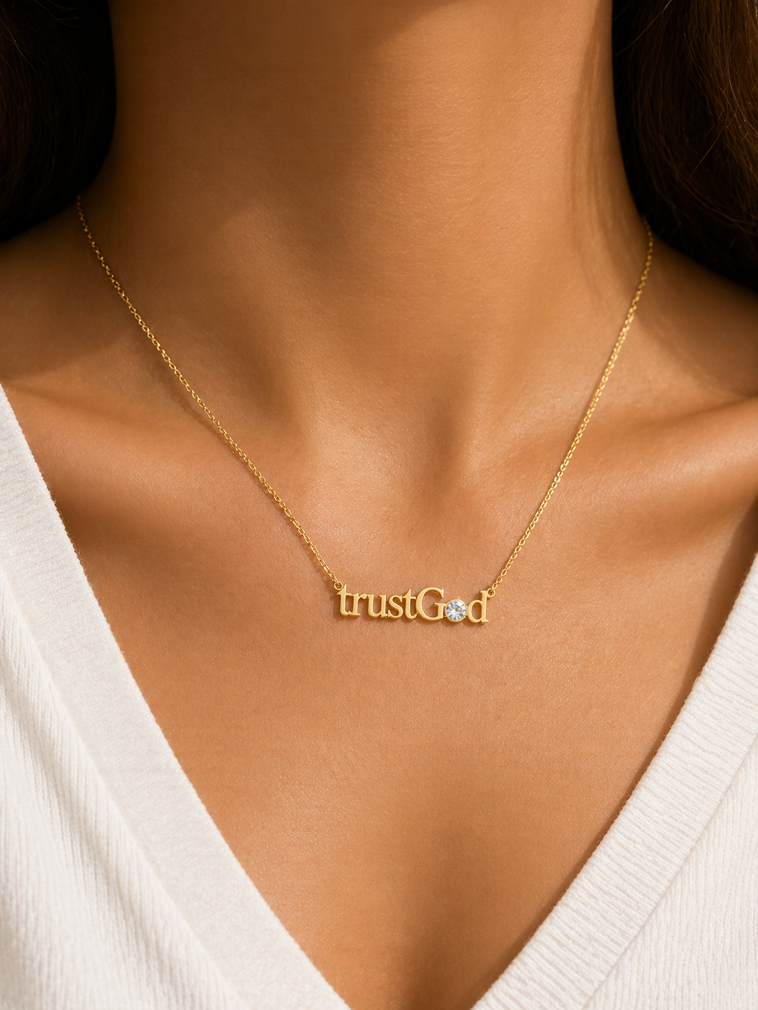 LUMIÈRE “trustGod” CRYSTAL NAME NECKLACE | Faith-Inspired Gold Necklace