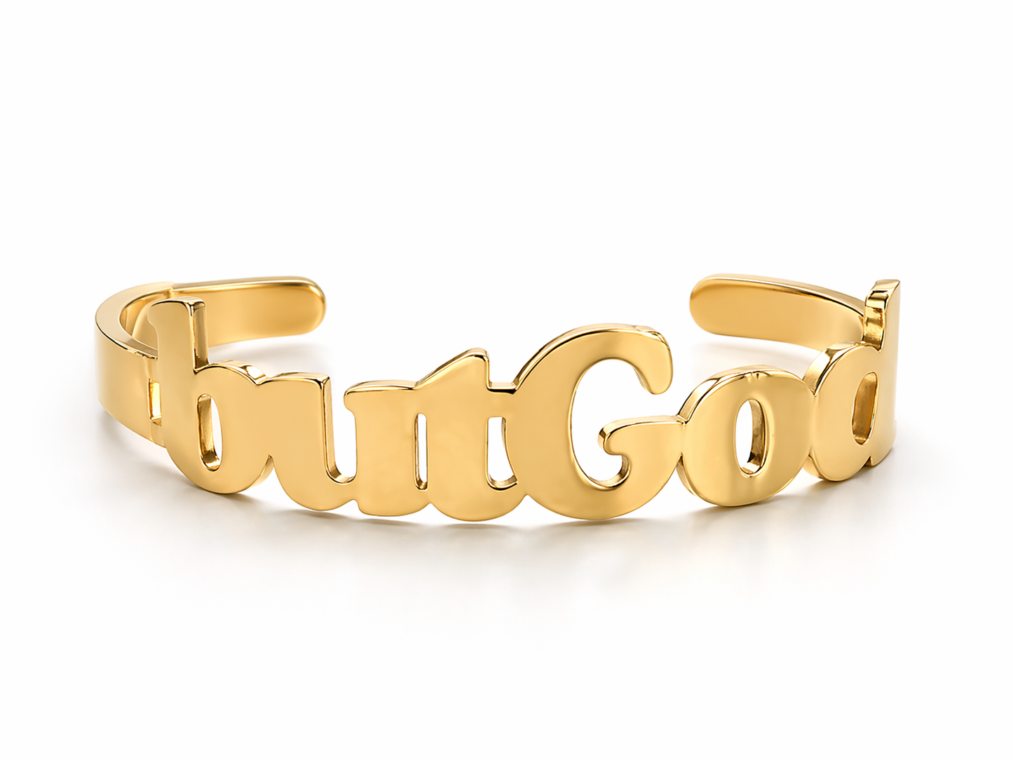 “but God gold cuff bracelet on wrist faith inspired jewelry”