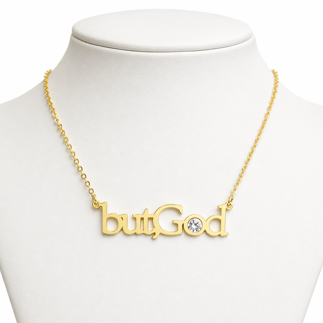 LUMIÈRE “butGod” CRYSTAL NAME NECKLACE| Faith-Inspired Gold Necklace