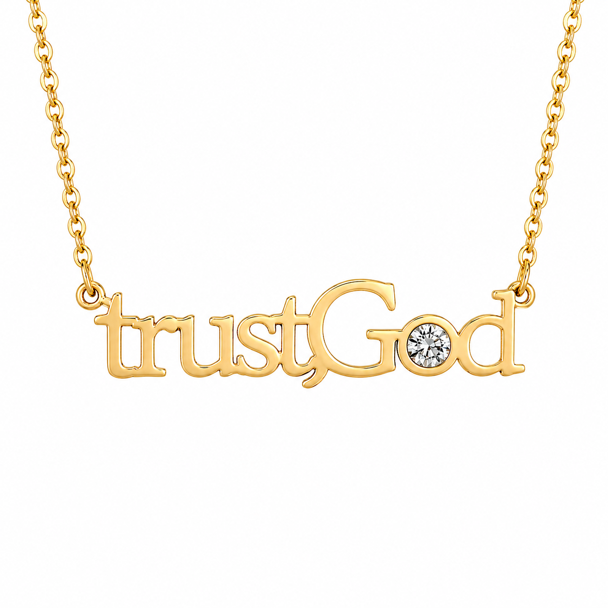LUMIÈRE “trustGod” CRYSTAL NAME NECKLACE | Faith-Inspired Gold Necklace