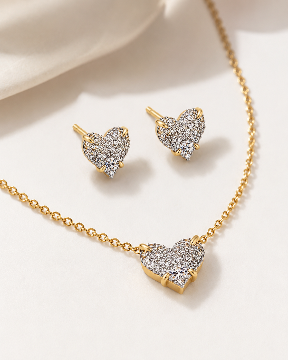 HEART PENDANT NECKLACE AND EARRING SET – Gold Simulated Diamond Jewelry Set