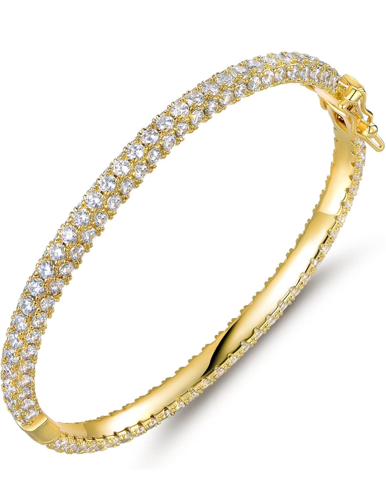 Gold pavé diamond bangle bracelet on wrist